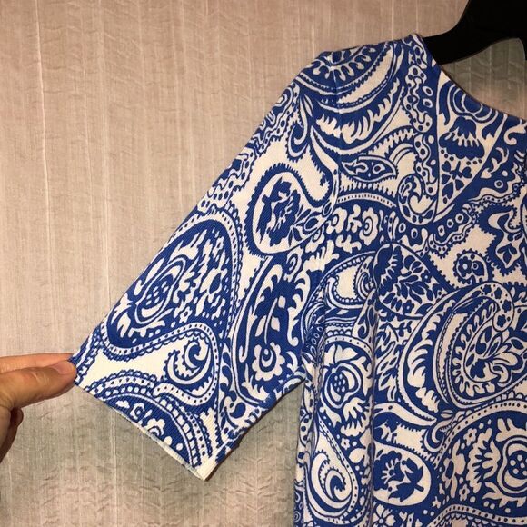 Talbots SP Knit White Blue Paisley Short Sleeve Knit Pullover Sweater Top - Picture 11 of 13